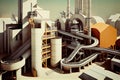 view of modern pulp and paper mill, with its maze of conveyor belts and pulping machines Royalty Free Stock Photo