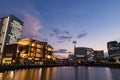 View of the modern skyline in Minato Mirai, Yokohama during the sunset in front of the waterfront. Landscape orientation Royalty Free Stock Photo