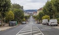 View of a modern street in Santiago de Compostela, the final destination of the pilgrimage Camino de Santiago. Galicia, Spain.