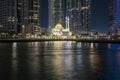 View Mohammed Bin Ahmed Al Mulla Mosque at night. Dubai Marina.