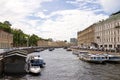 View of the Moika river from the Green bridge, St. Petersburg, Russia. Motor boats for tourists on the Moika river