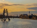 View on the Molecular men with TV tower at sunset in Berlin, Germany