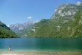 View of Molveno lake in Dolomites Italy