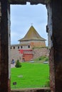 View of Monarchic tower from ruined temple in Fortress Oreshek near Shlisselburg, Russia