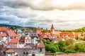 View of the Monastery of the Minorites and old town of Cesky Krumlov. Czech Republic