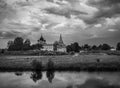 View of the Monastery. Rostov the Great. Russia. Black and white. Royalty Free Stock Photo