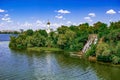 View of Monastyrsky Island with an artificial Roaring Threshold Waterfall and a small church of Saint Nicholas in Dnipro Ukraine Royalty Free Stock Photo