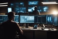 view monitors back multiple programmer working computers code coding cyber datum developer digital information interface