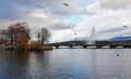 View of Geneva`s main bridge and fountain, Switzerland Royalty Free Stock Photo