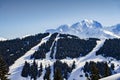 View of the Mont Blanc, the highest mountain in the Alps in Europe. With ski slopes in the front and beautiful clear blue sky Royalty Free Stock Photo