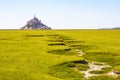 The bed of a dried-up stream snaking in the salt meadow opposite the Mont Saint-Michel tidal island in Normandy, France Royalty Free Stock Photo