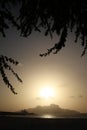 View of Monte Cara mountain from Mindelo framed with tree branches, SÃÂ£o Vicente, Cape Verde at sunset