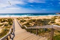 View of the Monte Clerigo beach with flying seagulls on the western coastline of Portugal, Algarve. Stairs to beach Praia Monte
