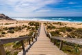 View of the Monte Clerigo beach on the western coastline of Portugal, Algarve. Stairs to beach Praia Monte Clerigo near Aljezur, Royalty Free Stock Photo