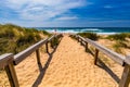 View of the Monte Clerigo beach on the western coastline of Portugal, Algarve. Stairs to beach Praia Monte Clerigo near Aljezur, Royalty Free Stock Photo