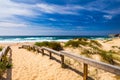 View of the Monte Clerigo beach on the western coastline of Portugal, Algarve. Stairs to beach Praia Monte Clerigo near Aljezur, Royalty Free Stock Photo