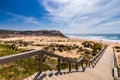 View of the Monte Clerigo beach on the western coastline of Portugal, Algarve. Stairs to beach Praia Monte Clerigo near Aljezur, Royalty Free Stock Photo