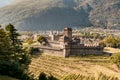 View of Montebello Castle located on a rocky hilltop east of Bellinzona, Switzerland