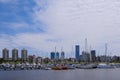 The view of Montevideo skyline from Buceo Port Pier Harbor crowed of small fishing boats and ships, Montevideo Uruguay Royalty Free Stock Photo