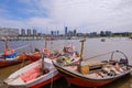 The view of Montevideo skyline from Buceo Port Pier Harbor crowed of small fishing boats and ships, Montevideo Uruguay Royalty Free Stock Photo
