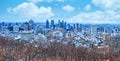 View of Montreal during the winter season. Beautiful urban panorama of a town in Canada. Downt