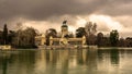 View of the monument of Alfonso XII from the other side of the pond, in the Retiro Park in Madrid. Travel concept Royalty Free Stock Photo