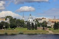 View of the monument to Athanasius Nikitin and the resurrection Church on the banks of the Volga river. Russia, the city Tver, Jul