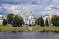 View of the monument to Athanasius Nikitin and the resurrection Church on the banks of the Volga river. Russia, the city Tver, Jul