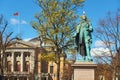 View of the monument to Henrik Wergeland on Eidsvolls plass Spikersuppa near the National Theater in Oslo, Norway