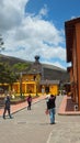 View of the monument to the Middle of the World from the Ciudad Mitad del Mundo turistic center near of the city of Quito Royalty Free Stock Photo