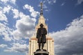 View of the monument to Mikhail Vasilyevich Lomonosov from building of Moscow State University MSU, on the background of the sky,