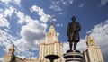 View of the monument to Mikhail Vasilyevich Lomonosov from building of Moscow State University MSU, on the background of the sky,