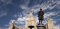 View of the monument to Mikhail Vasilyevich Lomonosov from building of Moscow State University MSU, on the background of the sky,