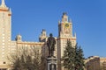 View of the monument to Mikhail Vasilyevich Lomonosov from the side of the main building of Moscow State University