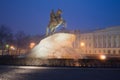 View of the monument to Peter the Great Bronze Horseman, 1872 in a misty, mystical night. Saint-Petersburg, Russia Royalty Free Stock Photo