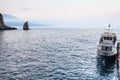 View of moored ship and Parus rock in Crimea Royalty Free Stock Photo