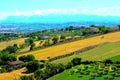 View from Morrovalle at a Marche hilly landscape with fields, trees and houses