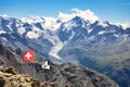 view of the morteratsch glacier in engadin piz languard. Swiss alpine landscape. Piz Bernina, Piz Palu. Swiss Flag.