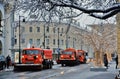 View of Moscow city center and snow cleaning machines