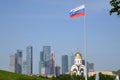 View of Moscow City and Church of St.Gergius Victorious from Poklonnaya Hill in Victory Park, Moscow, Russia