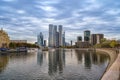 View of Moscow City - Moscow skyscrapers, the Moscow River and the hotel Ukraine from the Novoarbatsky Bridge in Moscow Royalty Free Stock Photo