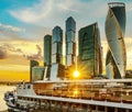 View of Moscow international business center Moscow city and pleasure boat, Russia Royalty Free Stock Photo