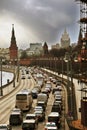 View of Moscow Kremlin, the Moskva river and many cars in a traffic jam Royalty Free Stock Photo