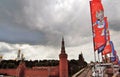 View of Moscow Kremlin, the Red Square and official banners of FIFA world cup 2018 Royalty Free Stock Photo