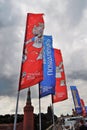 View of Moscow Kremlin, the Red Square and official banners of FIFA world cup 2018 Royalty Free Stock Photo