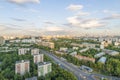 View of Moscow modern residential quarters at sunset on top of the roof