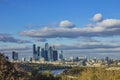 The view of Moscow`s skyscrapers of Moscow international Business Center and Moskva River from Sparrow Hills or Vorobyovy Gory. Royalty Free Stock Photo