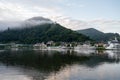 View on Mosel river, hills with vineyards and old town Traben-Trarbach, Germany