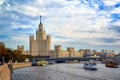 View on the Moskvoretskaya embankment and high-rise building on the Kotelnicheskaya embankment and Moskva-river.