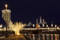 View of the Moskvoretsky bridge over the Moscow river and the Kremlin from Raushskaya embankment on new year`s eve. Moscow